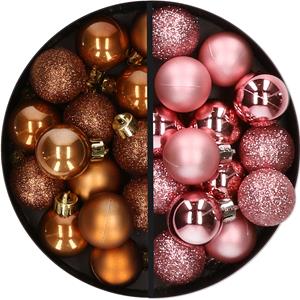 28x stuks kleine kunststof kerstballen roze en bruin 3 cm -