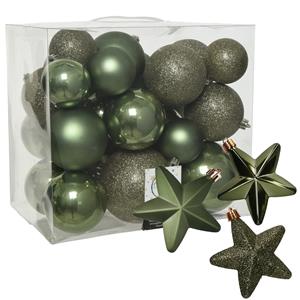 Decoris Pakket 32x stuks kunststof kerstballen en sterren ornamenten mosgroen -