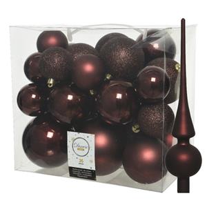 Decoris Set van 26x stuks kunststof kerstballen incl. glazen piek mat mahonie bruin -