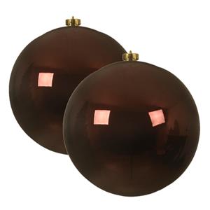 Decoris 2x stuks grote kunststof kerstballen mahonie bruin 14 cm glans -