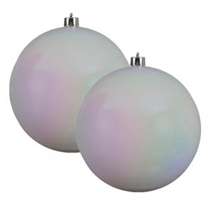 Decoris 2x stuks grote kunststof kerstballen parelmoer wit 14 cm glans -