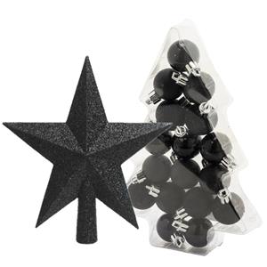 17x stuks kerstballen 3 cm inclusief ster piek zwart kunststof -