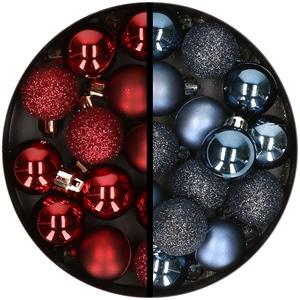 34x stuks kunststof kerstballen donkerrood en donkerblauw 3 cm -