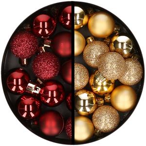 34x stuks kunststof kerstballen donkerrood en goud 3 cm -