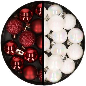 34x stuks kunststof kerstballen donkerrood en parelmoer wit 3 cm -
