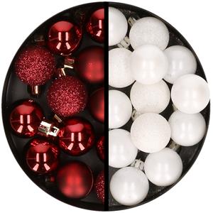 34x stuks kunststof kerstballen donkerrood en wit 3 cm -