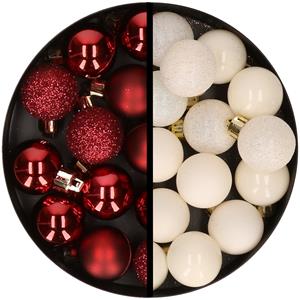 34x stuks kunststof kerstballen donkerrood en wolwit 3 cm -