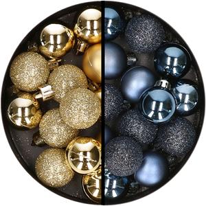 34x stuks kunststof kerstballen goud en donkerblauw 3 cm -