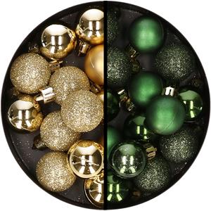 34x stuks kunststof kerstballen goud en donkergroen 3 cm -