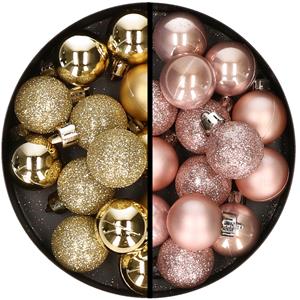 34x stuks kunststof kerstballen goud en lichtroze 3 cm -