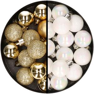 34x stuks kunststof kerstballen goud en parelmoer wit 3 cm -
