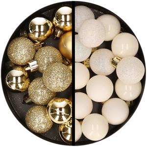 34x stuks kunststof kerstballen goud en wolwit 3 cm -