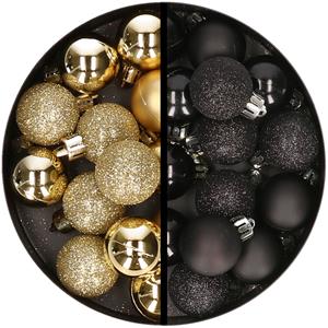 34x stuks kunststof kerstballen goud en zwart 3 cm -
