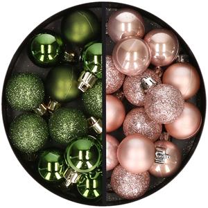 34x stuks kunststof kerstballen groen en lichtroze 3 cm -