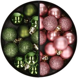 34x stuks kunststof kerstballen groen en oudroze 3 cm -
