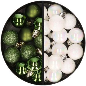 34x stuks kunststof kerstballen groen en parelmoer wit 3 cm -
