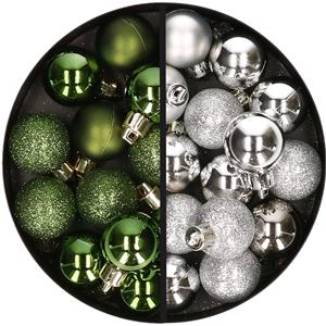 34x stuks kunststof kerstballen groen en zilver 3 cm -