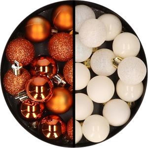 34x stuks kunststof kerstballen oranje en gebroken wit 3 cm -