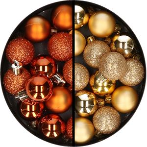 34x stuks kunststof kerstballen oranje en goud 3 cm -
