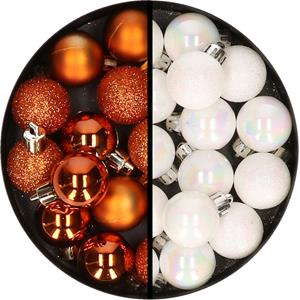 34x stuks kunststof kerstballen oranje en parelmoer wit 3 cm -
