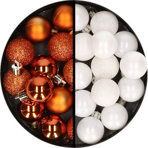34x stuks kunststof kerstballen oranje en wit 3 cm -