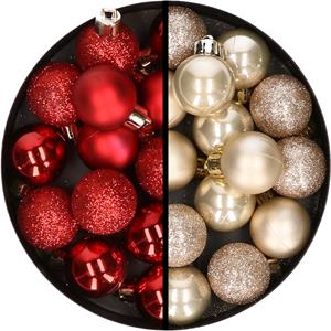 34x stuks kunststof kerstballen rood en champagne 3 cm -