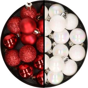 34x stuks kunststof kerstballen rood en parelmoer wit 3 cm -