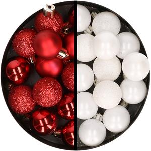 34x stuks kunststof kerstballen rood en wit 3 cm -