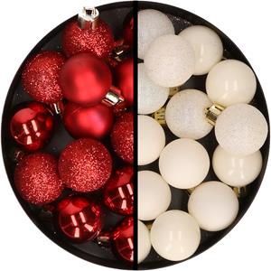 34x stuks kunststof kerstballen rood en wol wit 3 cm -