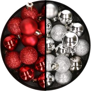 34x stuks kunststof kerstballen rood en zilver 3 cm -