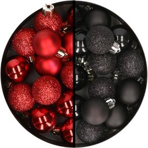 34x stuks kunststof kerstballen rood en zwart 3 cm -