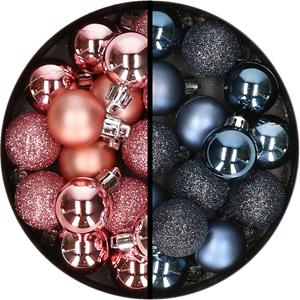 34x stuks kunststof kerstballen roze en donkerblauw 3 cm -