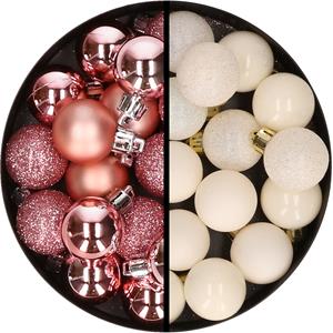 34x stuks kunststof kerstballen roze en gebroken wit 3 cm -