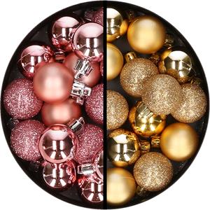 34x stuks kunststof kerstballen roze en goud 3 cm -