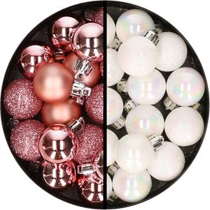 34x stuks kunststof kerstballen roze en parelmoer wit 3 cm -