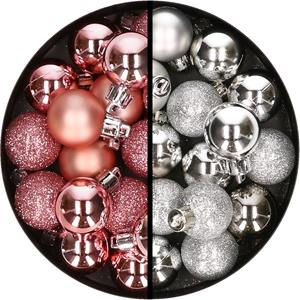 34x stuks kunststof kerstballen roze en zilver 3 cm -