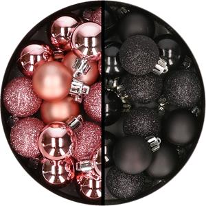34x stuks kunststof kerstballen roze en zwart 3 cm -