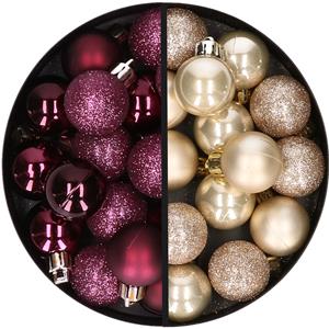 34x stuks kunststof kerstballen aubergine paars en champagne 3 cm -