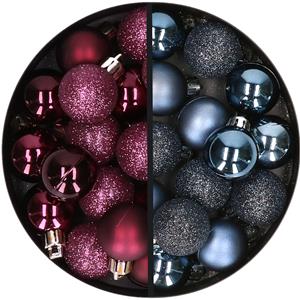 34x stuks kunststof kerstballen aubergine paars en donkerblauw 3 cm -
