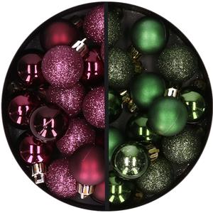 34x stuks kunststof kerstballen aubergine paars en donkergroen 3 cm -