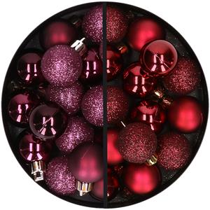 34x stuks kunststof kerstballen aubergine paars en donkerrood 3 cm -