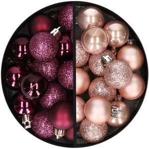 34x stuks kunststof kerstballen aubergine paars en lichtroze 3 cm -