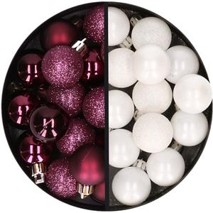 34x stuks kunststof kerstballen aubergine paars en wit 3 cm -