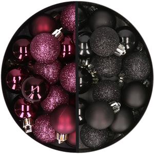 34x stuks kunststof kerstballen aubergine paars en zwart 3 cm -