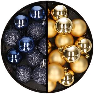 36x stuks kunststof kerstballen donkerblauw en goud 3 en 4 cm -