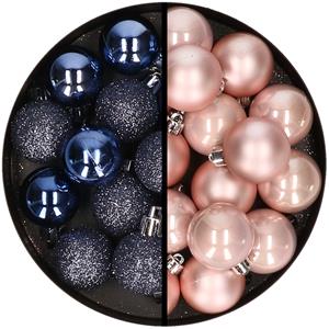36x stuks kunststof kerstballen donkerblauw en lichtroze 3 en 4 cm -