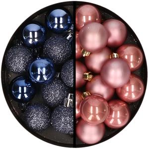 36x stuks kunststof kerstballen donkerblauw en oudroze 3 en 4 cm -