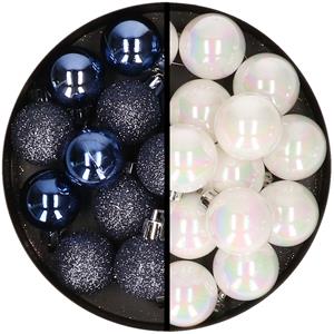 36x stuks kunststof kerstballen donkerblauw en parelmoer wit 3 en 4 cm -
