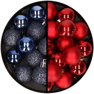 36x stuks kunststof kerstballen donkerblauw en rood 3 en 4 cm -