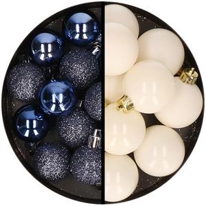 36x stuks kunststof kerstballen donkerblauw en wol wit 3 en 4 cm -